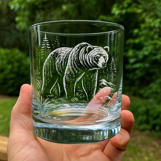 Grizzly Bear Whiskey Glass | Etched Grizzly Bear Silhouette Whiskey Glass | Gift for Animal Lovers