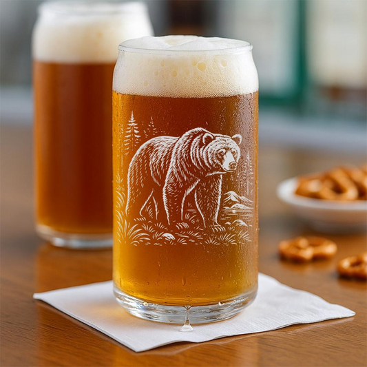 Grizzly Bear Beer Can Glass | Etched Grizzly Bear Silhouette Beer Can Glass | Gift for Animal Lovers