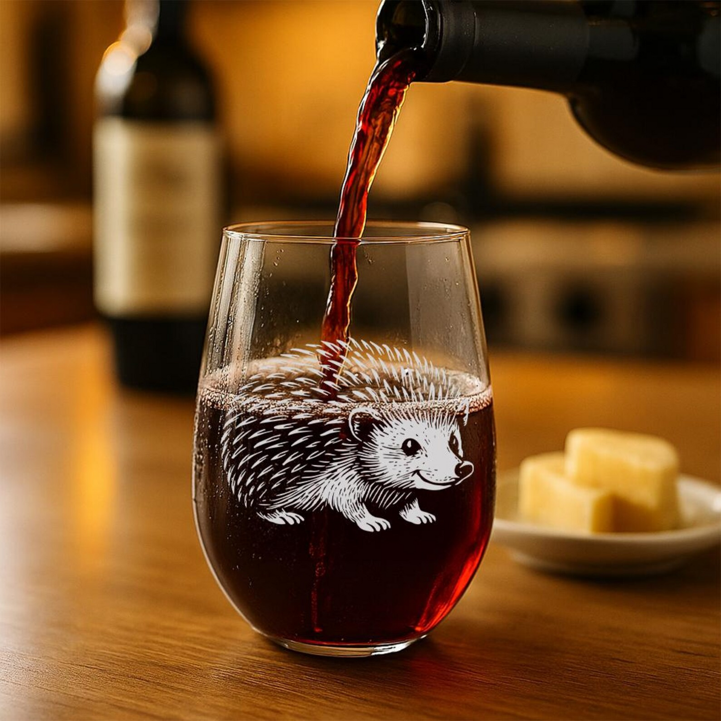 Hedgehog Stemless Wine Glass | Etched Hedgehog Silhouette Wine Glass | Gift for Animal Lovers