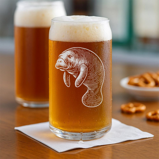 Manatee Beer Can Glass | Etched Manatee Silhouette Beer Can Glass | Gift for Ocean Lovers