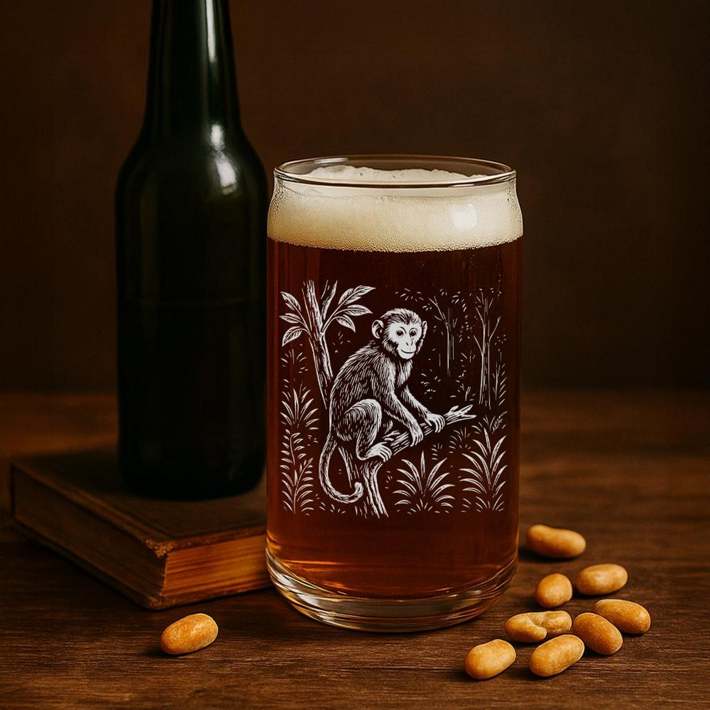 Monkey Beer Can Glass | Etched Playful Monkey Silhouette Beer Can Glass | Gift for Animal Lovers