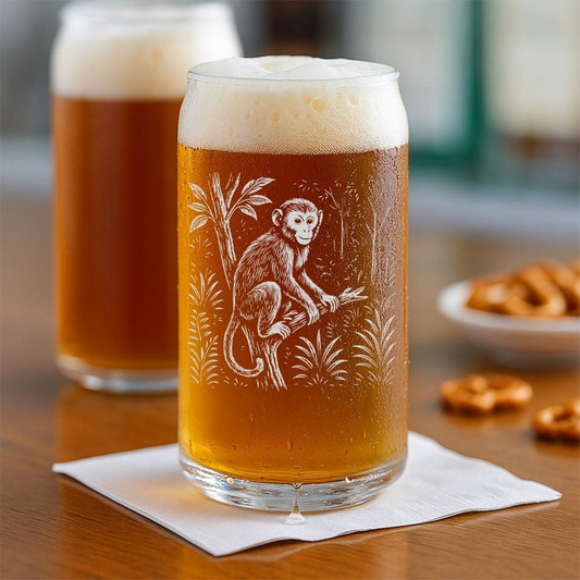 Monkey Beer Can Glass | Etched Playful Monkey Silhouette Beer Can Glass | Gift for Animal Lovers