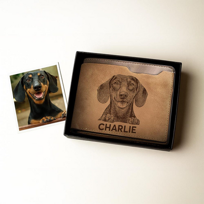 Custom Dog Photo Engraved Leather Wallet | Personalized Pet Photo Wallet For Pet Lovers | Dog Memorial Gift