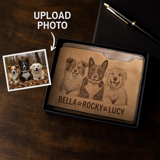 Custom Dog Portrait Engraved Leather Wallet | Personalized Dog Photo Wallet | Gift For Dog Lovers