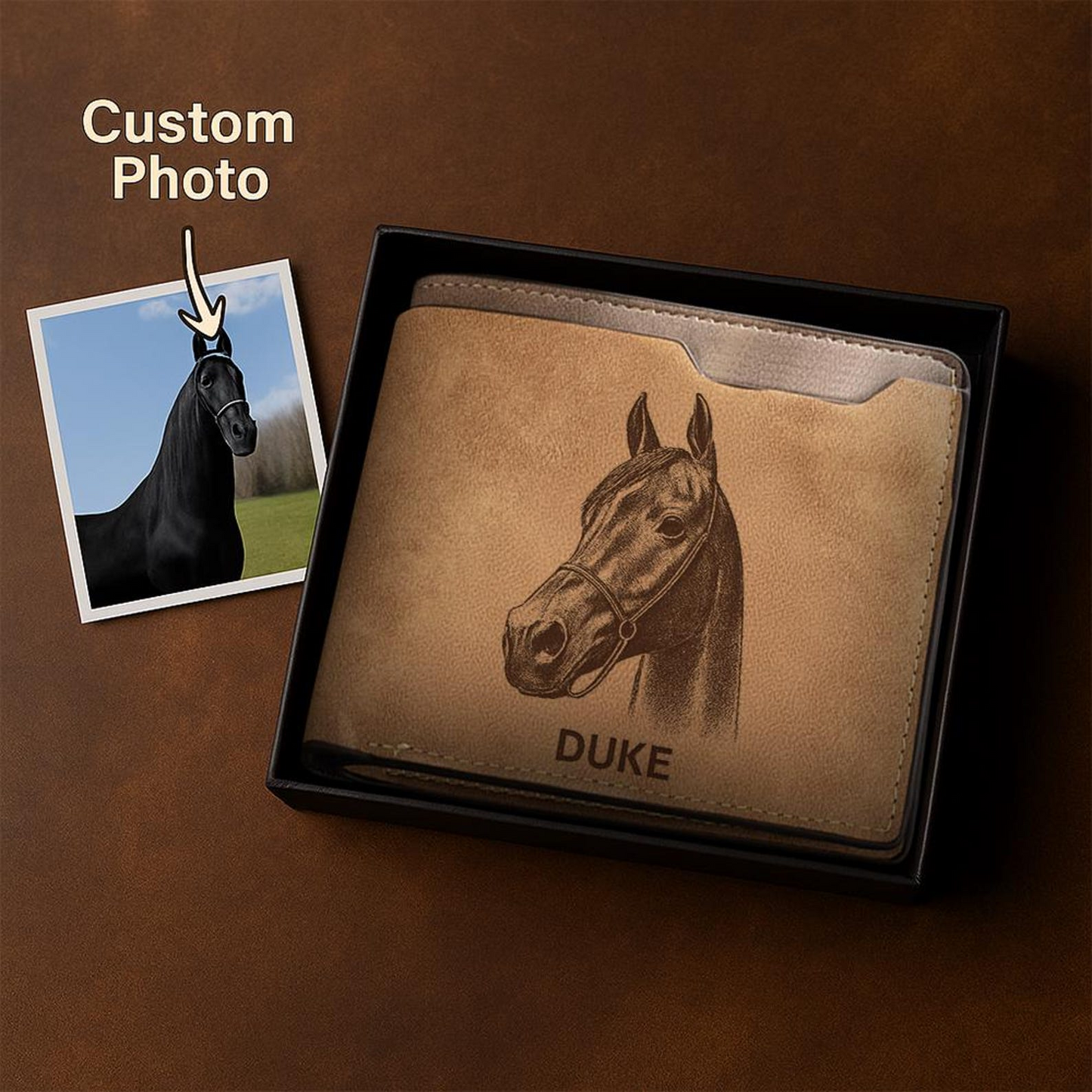 Custom Horse Photo Engraved Leather Wallet | Personalized Horse Photo Wallet | Horse Lover Gift