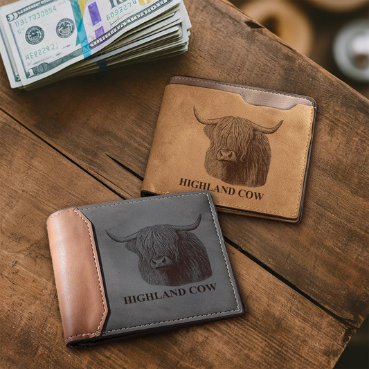 Custom Highland Cow Portrait Engraved Leather Wallet | Personalized Cow Photo Wallet For Cow Lovers | Cow Memorial Gift