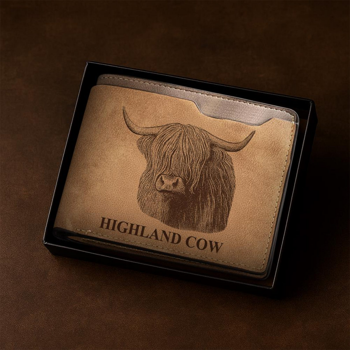 Custom Highland Cow Portrait Engraved Leather Wallet | Personalized Cow Photo Wallet For Cow Lovers | Cow Memorial Gift