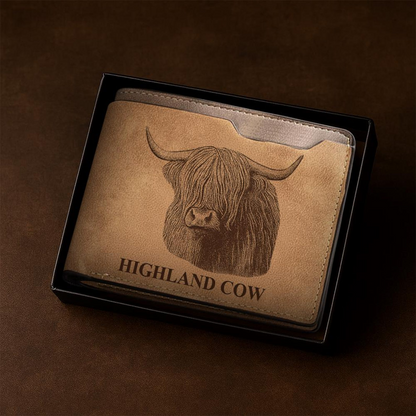 Custom Highland Cow Portrait Engraved Leather Wallet | Personalized Cow Photo Wallet For Cow Lovers | Cow Memorial Gift