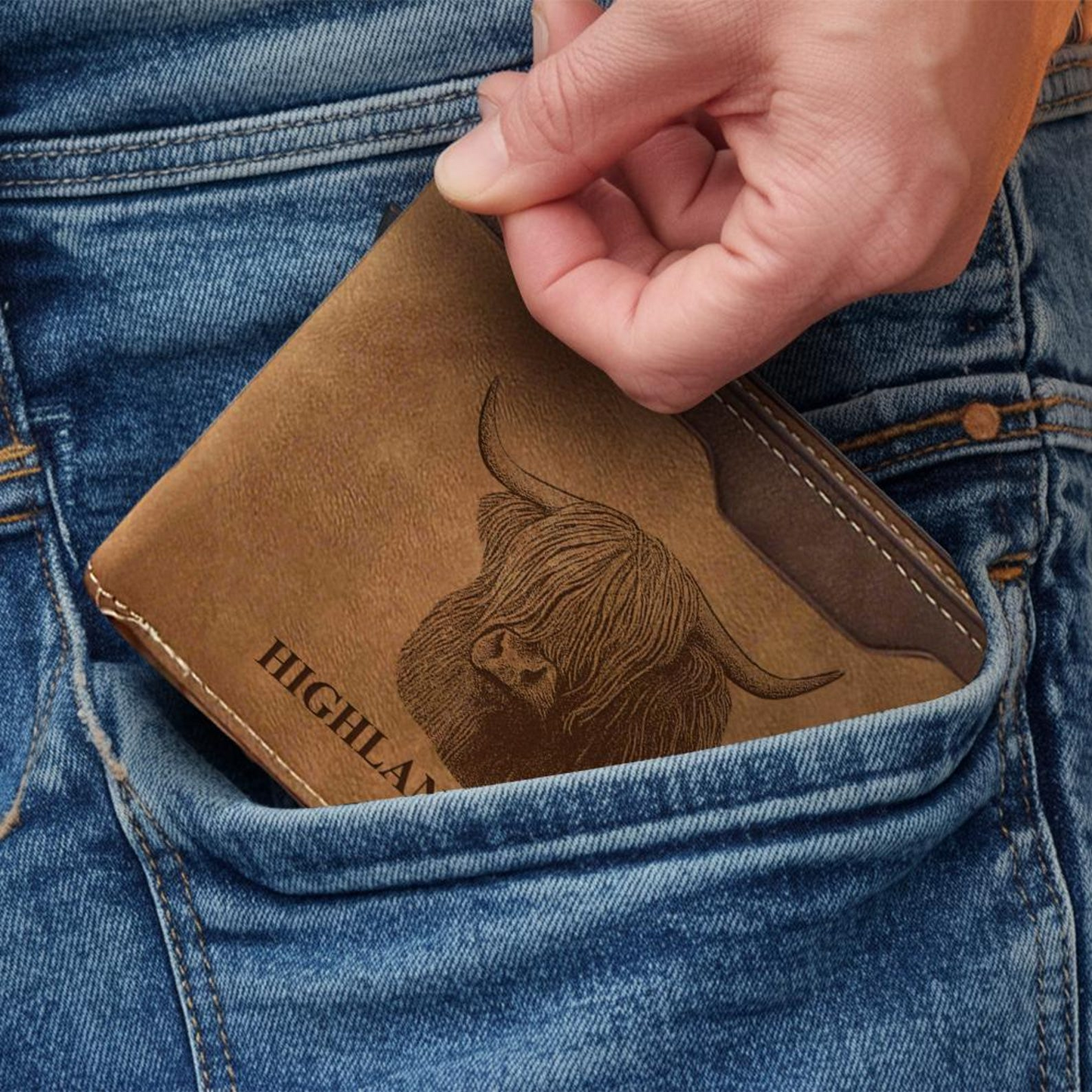 Custom Highland Cow Portrait Engraved Leather Wallet | Personalized Cow Photo Wallet For Cow Lovers | Cow Memorial Gift