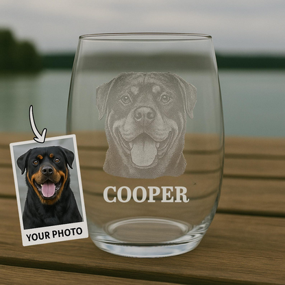 Custom Photo Dog Stemless Wine Glass | Engraved Dog Photo Wine Glass | Dog Lovers Gift