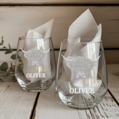 Custom Photo Cow Stemless Wine Glass | Personalized Cow Photo Stemless Wine Glass | Gift For Highland Cow Lover