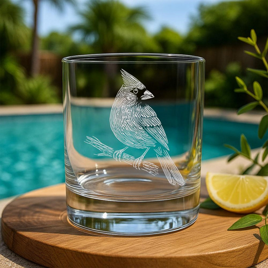 Cardinal Bird Whiskey Glass | Etched Cardinal Silhouette Whiskey Glass | Garden Lover Bar Decor