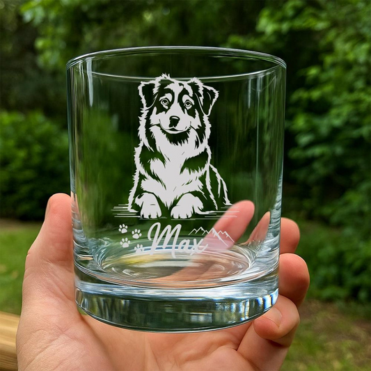 Custom Name & Photo Whiskey Glass | Etched Australian Shepherd Silhouette Whiskey Glass | Gift For Dog Lovers