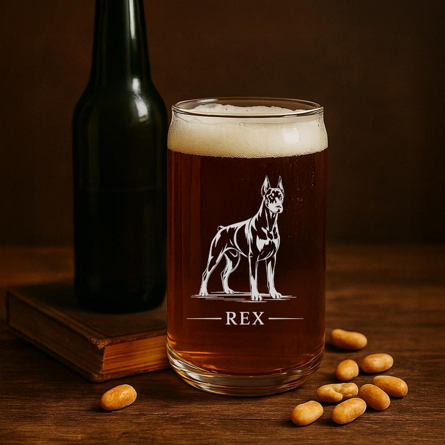Custom Name Doberman Pinscher Dog Beer Can Glass | Etched Doberman Pinscher Dog Sihouette Beer Can Glass | Gift for Dog Lovers