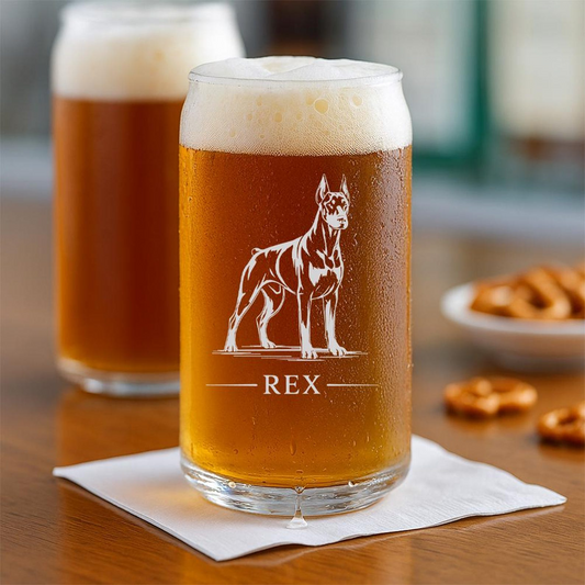 Custom Name Doberman Pinscher Dog Beer Can Glass | Etched Doberman Pinscher Dog Sihouette Beer Can Glass | Gift for Dog Lovers