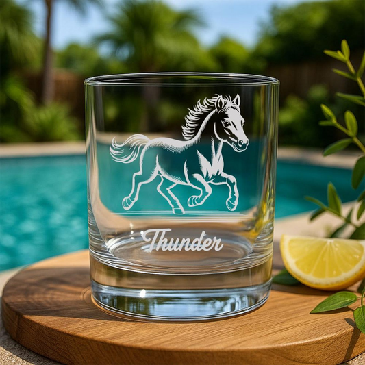 Custom Name Miniature Horse Whiskey Glass | Etched Miniature Horse Silhouette Whiskey Glass | Gift for Horse Lovers