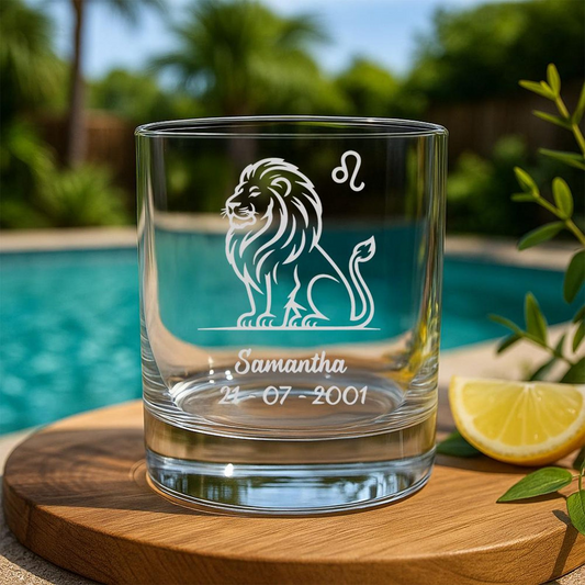 Custom Leo Zodiac Whiskey Glass | Personalized Whiskey Glass | Etched Lion Symbol with Name & Birthdate