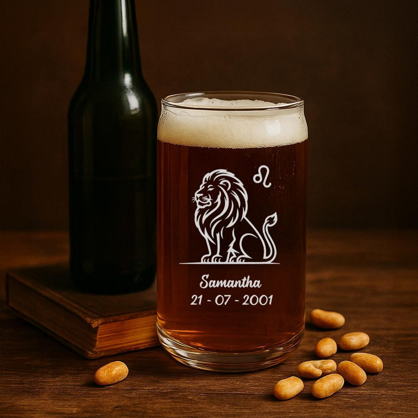 Custom Leo Zodiac Beer Can Glass | Etched Lion Symbol with Name & Birthdate | Personalized Beer Can Glass