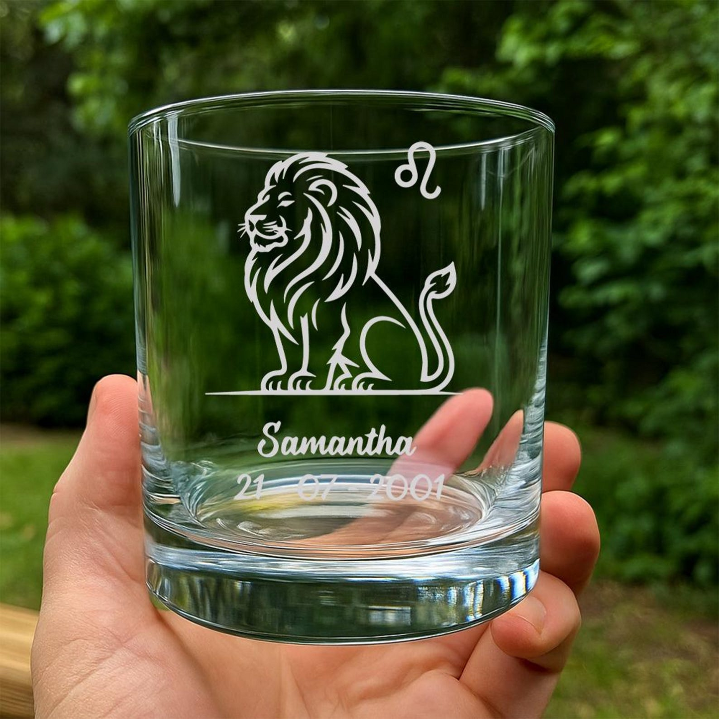 Custom Leo Zodiac Whiskey Glass | Personalized Whiskey Glass | Etched Lion Symbol with Name & Birthdate