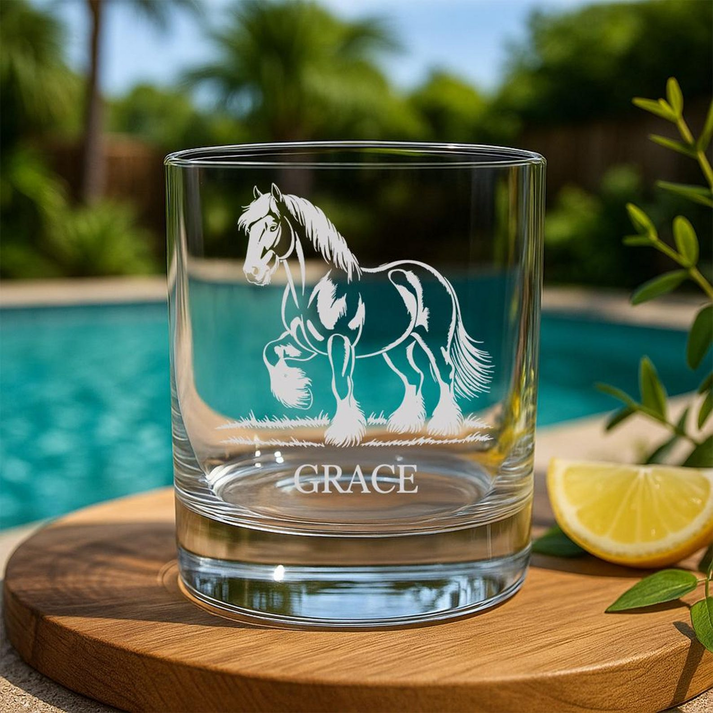 Custom Name Shire Horse Whiskey Glass | Etched Shire Horse Silhouette Whiskey Glass | Gift for Horse Lovers
