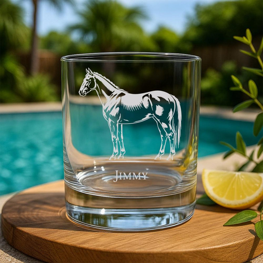 Custom Name Thoroughbred Horse Whiskey Glass | Etched Thoroughbred Horse Silhouette Whiskey Glass | Gift for Horse Lovers