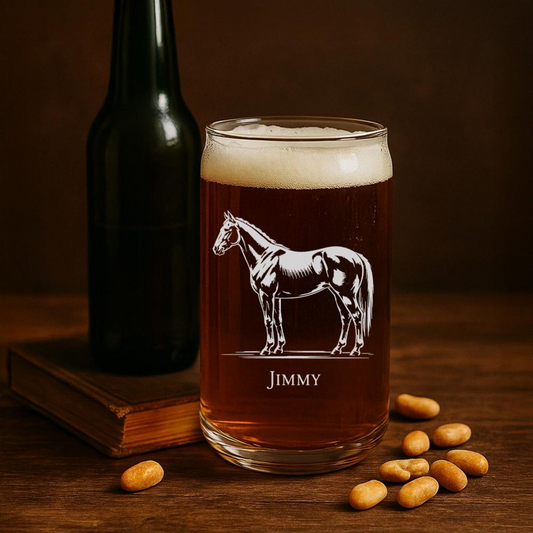 Custom Name Thoroughbred Horse Beer Can Glass | Etched Thoroughbred Horse Sihouette Beer Can Glass | Gift for Horse Lovers