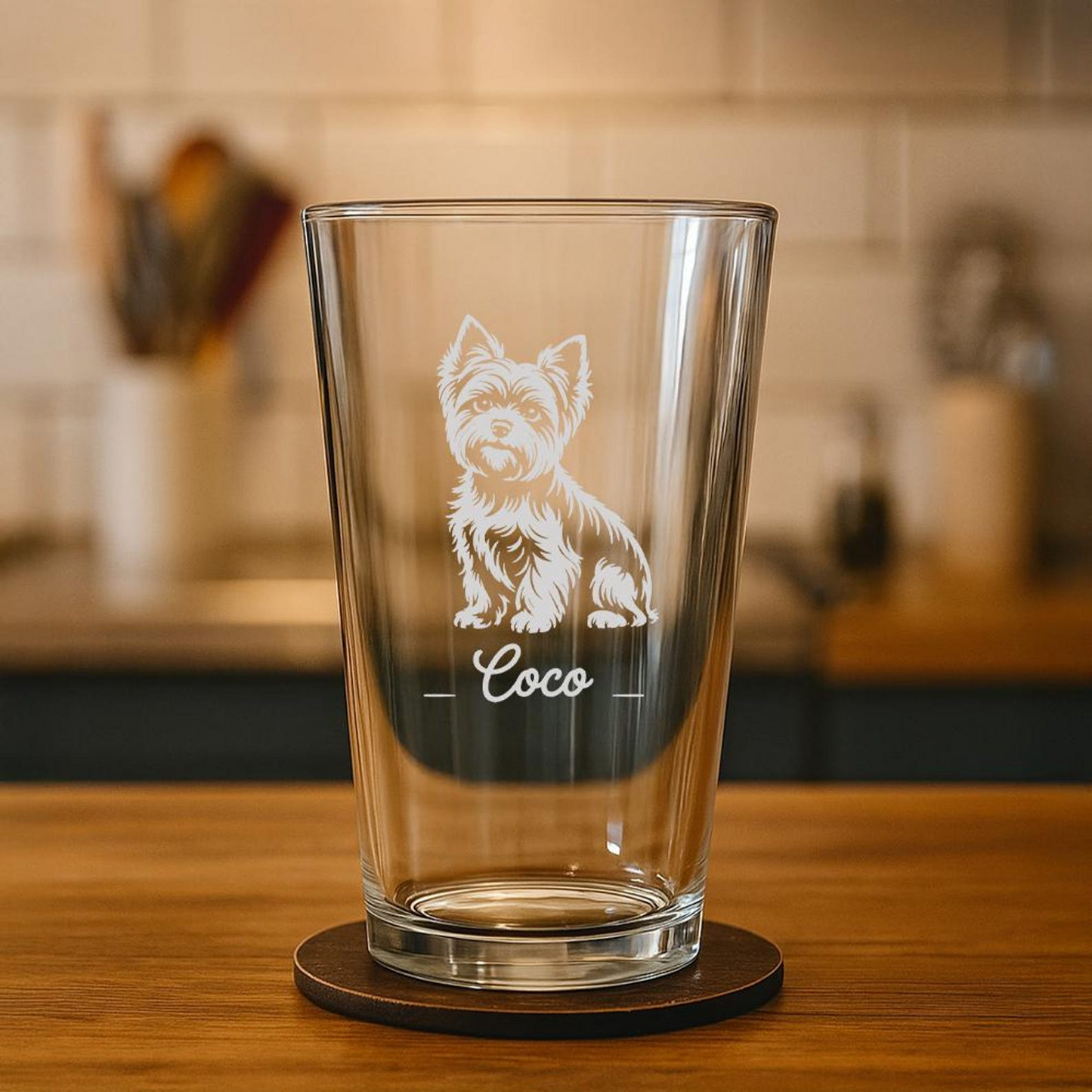 Custom Name Yorkshire Terrier Dog Pint Glass | Etched Yorkshire Terrier Dog Silhouette Beer Glaass | Gift For Dog Lovers