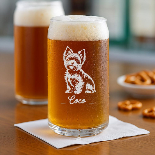 Custom Name Yorkshire Terrier Dog Beer Can Glass | Etched Yorkshire Terrier Dog Silhouette Beer Can Glass | Gift for Animal Lovers