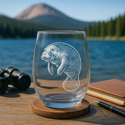 Manatee Stemless Wine Glass | Etched Manatee Silhouette Wine Glass | Gift for Ocean Lovers