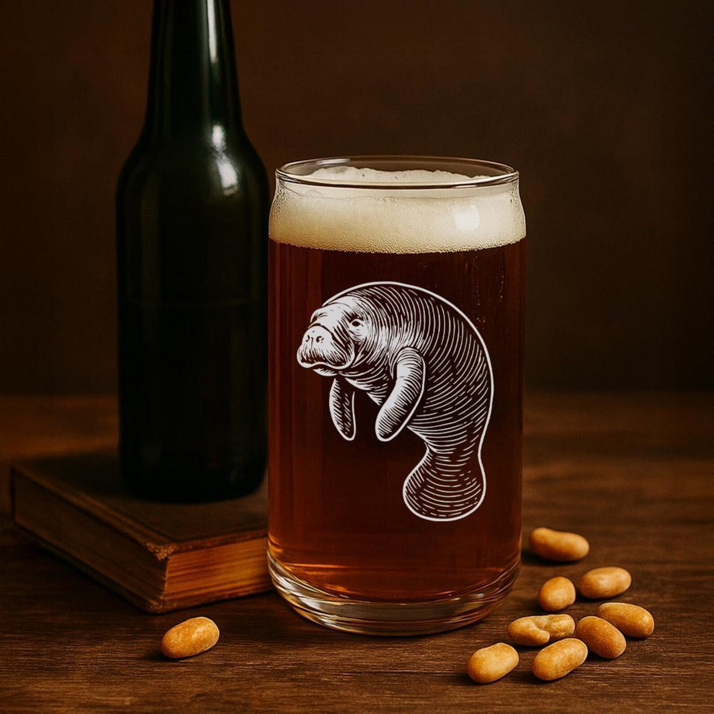 Manatee Beer Can Glass | Etched Manatee Silhouette Beer Can Glass | Gift for Ocean Lovers