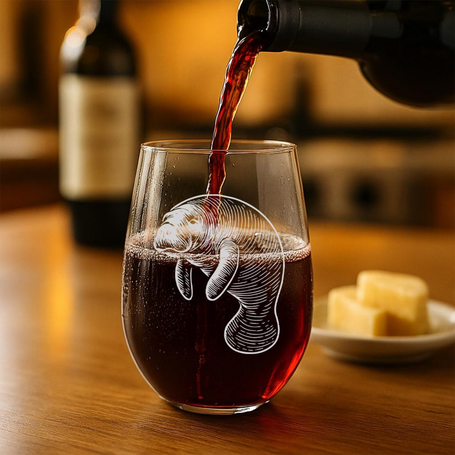 Manatee Stemless Wine Glass | Etched Manatee Silhouette Wine Glass | Gift for Ocean Lovers