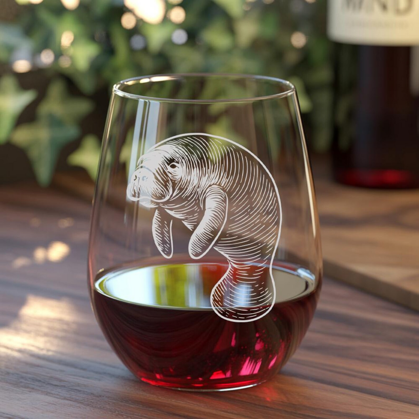 Manatee Stemless Wine Glass | Etched Manatee Silhouette Wine Glass | Gift for Ocean Lovers