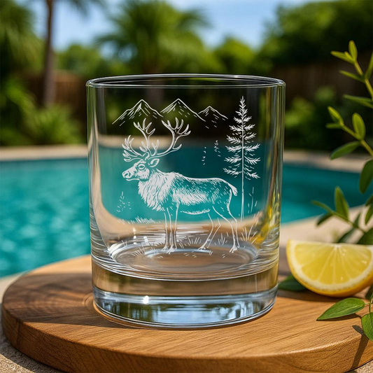 Reindeer Whiskey Glass | Etched Reindeer Silhouette Whiskey Glass | Gift For Animal Lovers