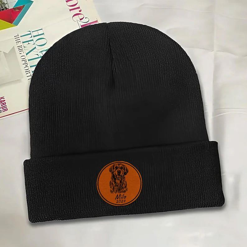 Custom Dog Photo Beanie Gifts | Personalized Winter Hats with Leather Patch | Dog Lovers Gifts