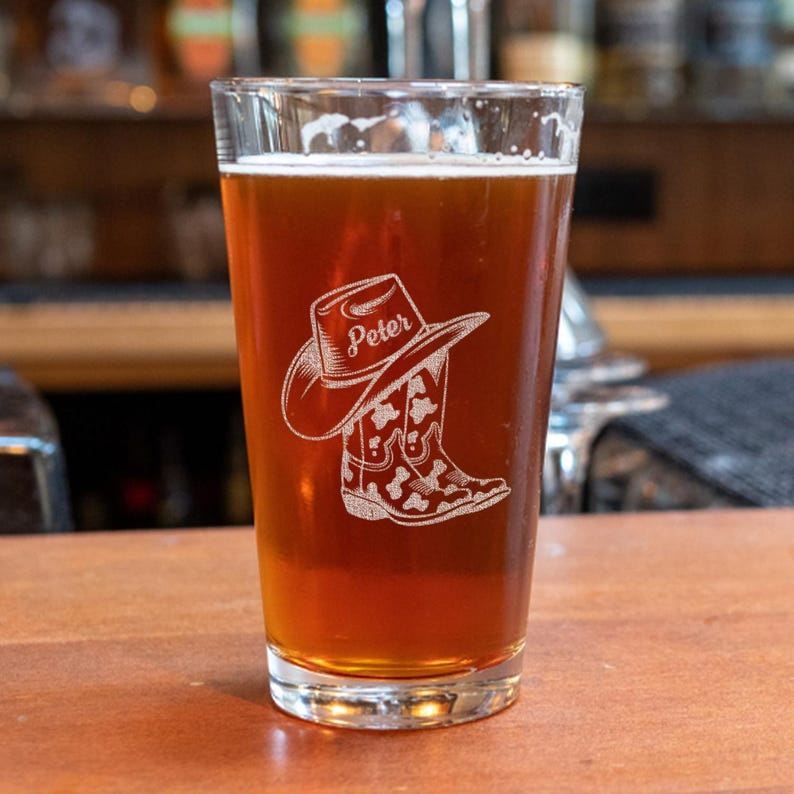 Personalized Name Cowgirl Cowboy Drink Engraved Beer Glass | Custom Gift For Friend | Birthday Gift For Husband