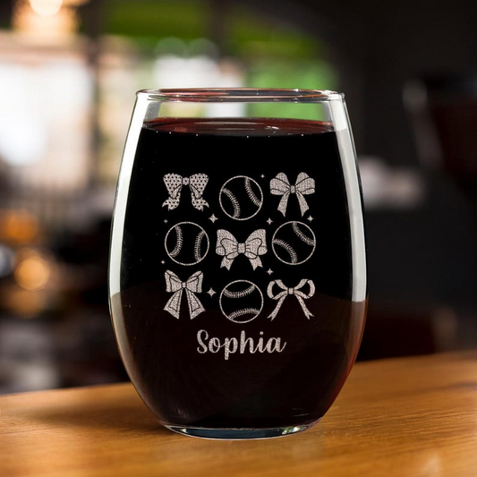 Personalized Baseball And Bow Wine Glasses | Engraved Wine Glass | Gift For Friend