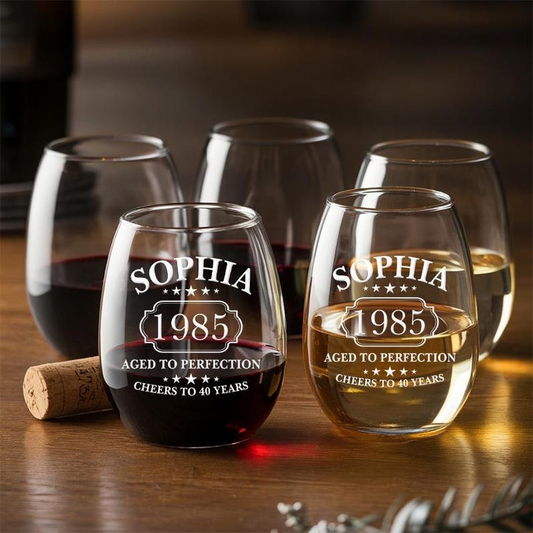 Custom Name And Year Wine Glass | Aged To Perfection Engraved Wine Glass | Birthday Gift