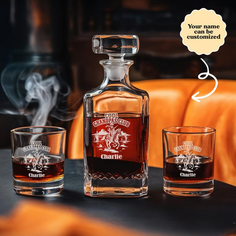 Personalized Cool Grandpas Decanter Set And Whiskey Glasses | Engraved Whiskey Decanter Set | Birthday Gift For Dad