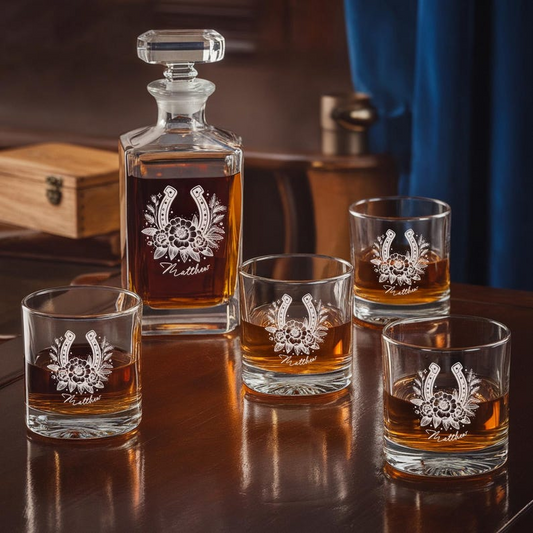 Personalized Vintage Horseshoe Floral Name Decanter Set And Whiskey Glasses | Custom Name Engraved Whiskey Decanter Set