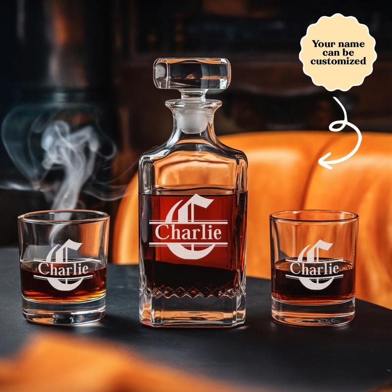Personalized Logo With Name Decanter Set And Whiskey Glasses | Engraved Whiskey Decanter Set | Birthday Gift