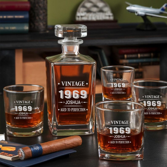 Custom Name And Year Aged To Perfection Decanter Set And Whiskey Glasses | Engraved Whiskey Decanter Set | Gift For Dad