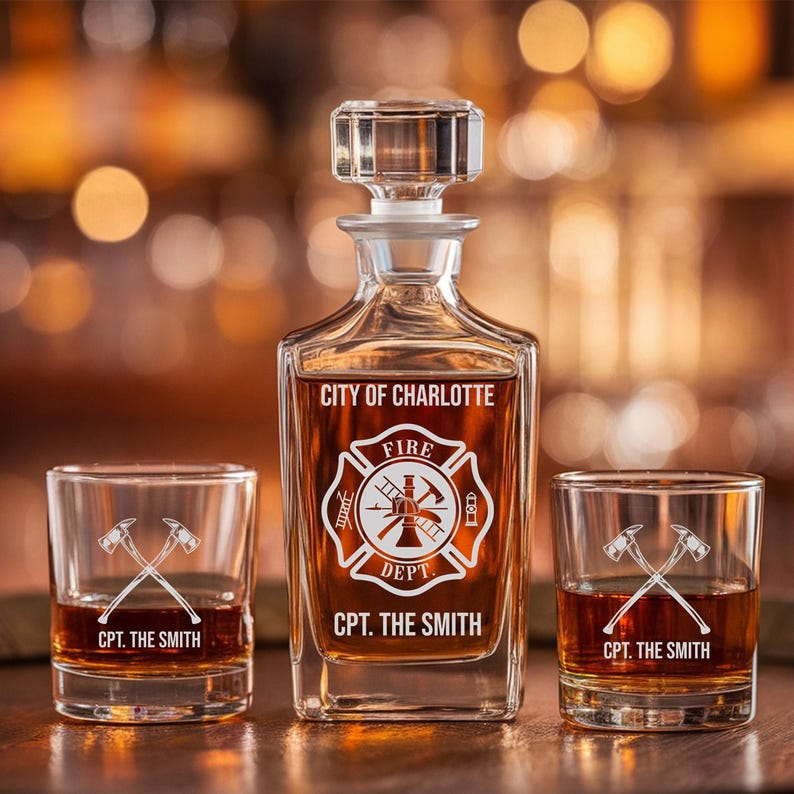 Firefighter Decanter Set And Whiskey Glasses | Engraved Whiskey Decanter Set | Fireman Gift