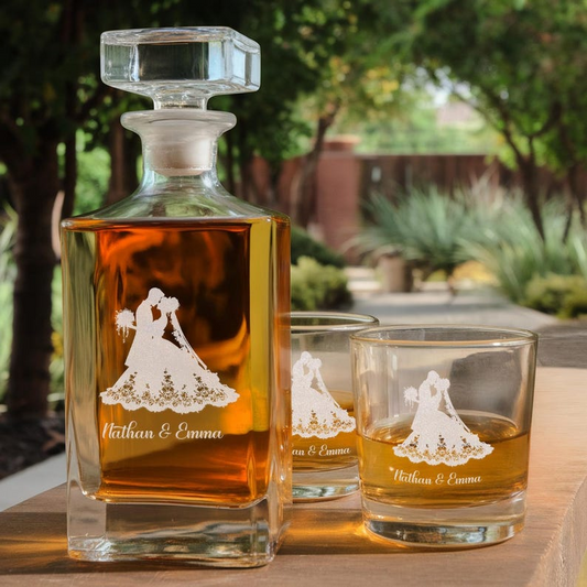 Personalized Name Bride And Groom Decanter Set And Whiskey Glasses | Engraved Whiskey Decanter Set | Gift For Wedding