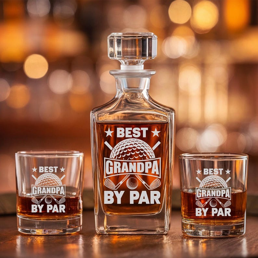Best Grandpa By Par Decanter Set And Whiskey Glasses | Engraved Whiskey Decanter Set | Gift For Dad