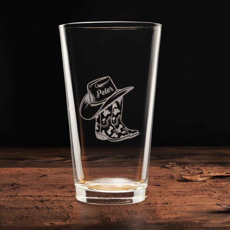 Personalized Name Cowgirl Cowboy Drink Engraved Beer Glass | Custom Gift For Friend | Birthday Gift For Husband