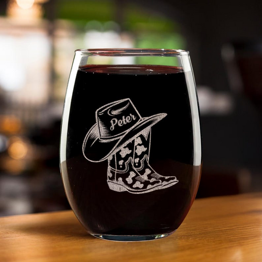 Personalized Name Cowgirl Cowboy Drink Wine Glass | Gift For Husband | Engraved Wine Glass