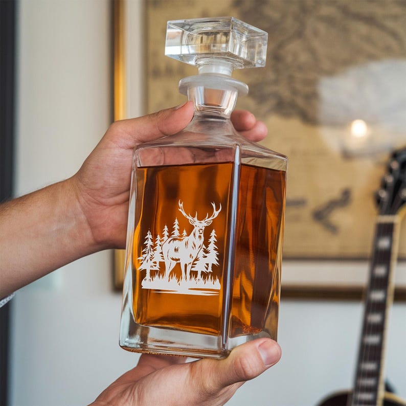 Deer Engraved Decanter Set And Whiskey Glasses | Hunter Whiskey Decanter Set | Gift For Hunter