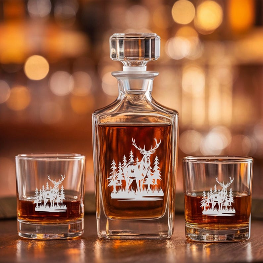 Deer Engraved Decanter Set And Whiskey Glasses | Hunter Whiskey Decanter Set | Gift For Hunter