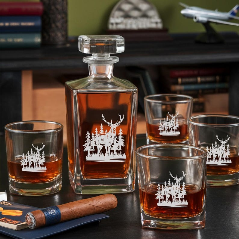 Deer Engraved Decanter Set And Whiskey Glasses | Hunter Whiskey Decanter Set | Gift For Hunter