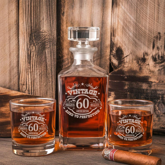 Custom Age Decanter Set And Whiskey Glasses | Aged To Perfection Engraved Whiskey Decanter Set | Gift For Birthday